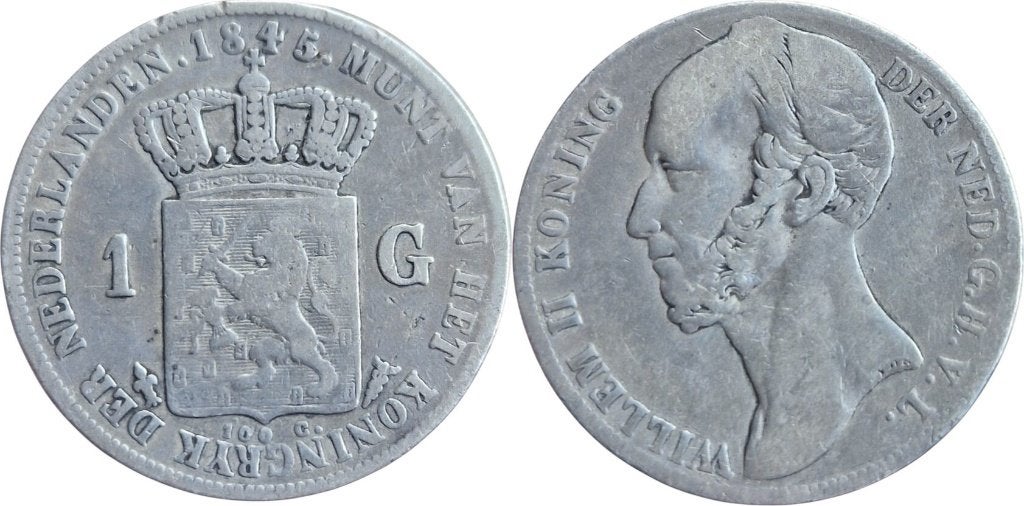 Gulden 1845 met streepje, Nederland, Willem II, 1 gulden, Verzenden, Zilver, Losse munt