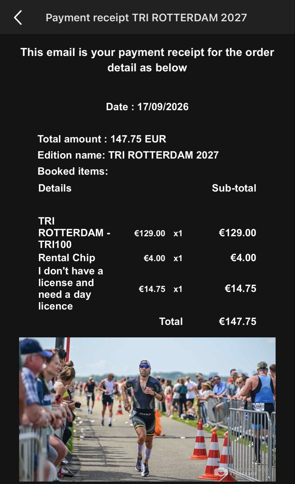 Startbewijs TRI100 Rotterdam 19 juni 2027 (incl daglicentie), Eén persoon, Juni