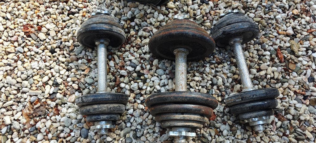 Dumbbells / Halters Gietijzeren 15 kg Totaal – set van 3, Ophalen, Gebruikt, Armen, Dumbbell
