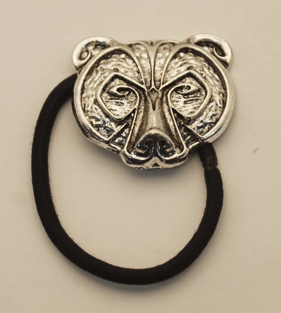 Haarelastiek met metalen bedel berenkop in de kleur nikkel, Importeur :  Riemen bretels, Marktplaats@riemen-bretels.nl, Haarspeld