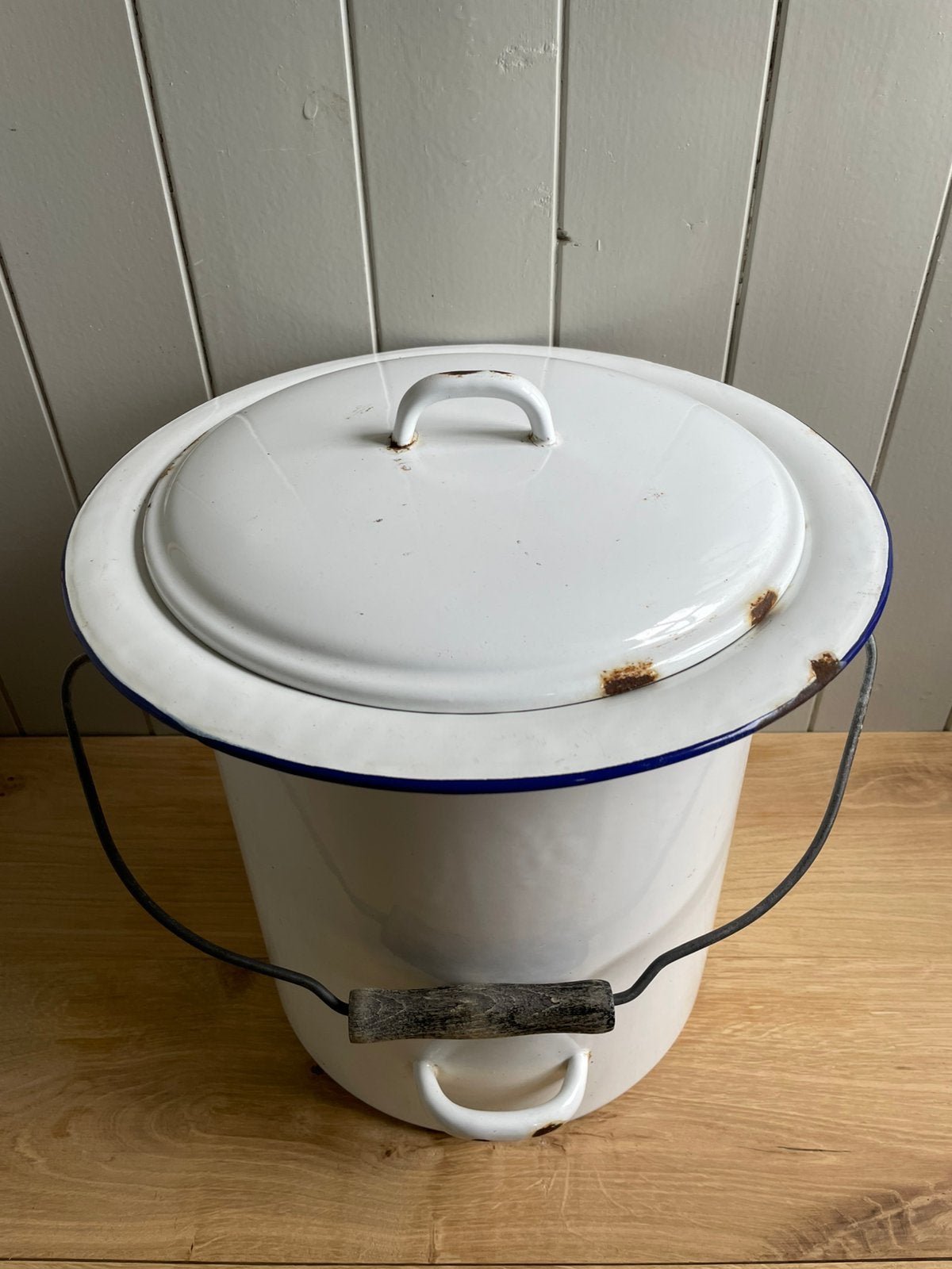 Vintage witte emaille emmer met deksel., Ophalen of Verzenden