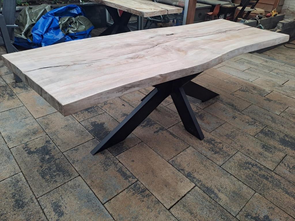 eettafel met massief beukenhouten en stalen kruis poten, Gebruikt, 200 cm of meer, 50 tot 100 cm, Vijf personen of meer