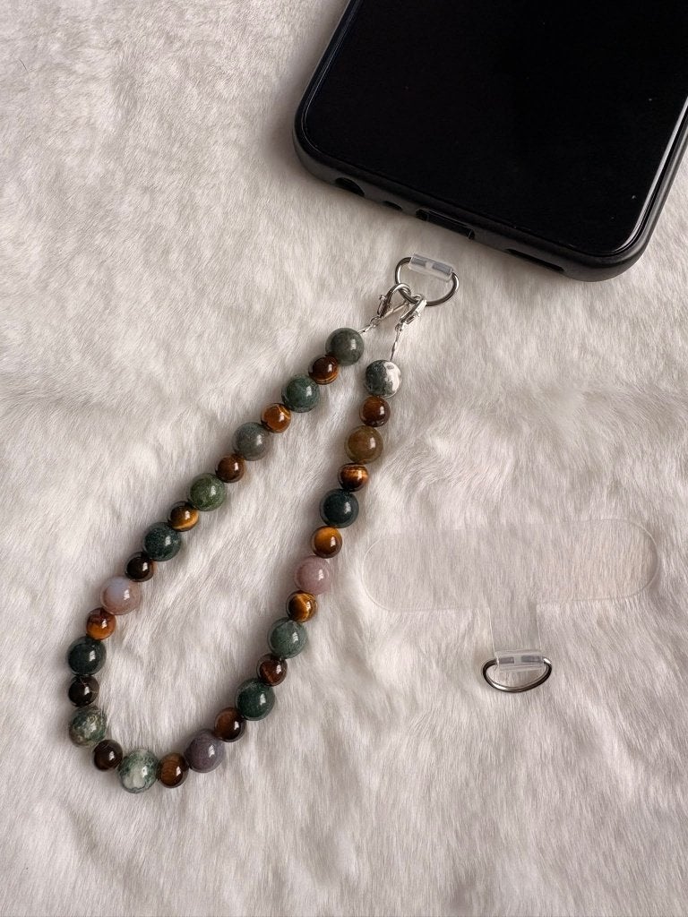 Telefoonkoord Indische agaat 8mm x Tijgeroog 6mm - Classic, Telecommunicatie, Ophalen of Verzenden, Nieuw, Telefoonhanger of Accessoire