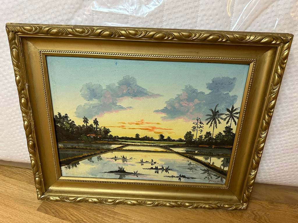 Schilderij Indonesische rijstvelden zonsondergang, Ophalen