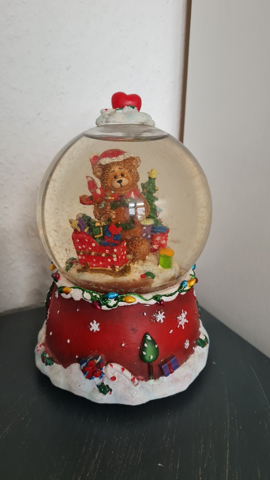 Kerst sneeuwbol met muziek en beer, Ophalen, Vintage, Gebruikt, Meerkleurig