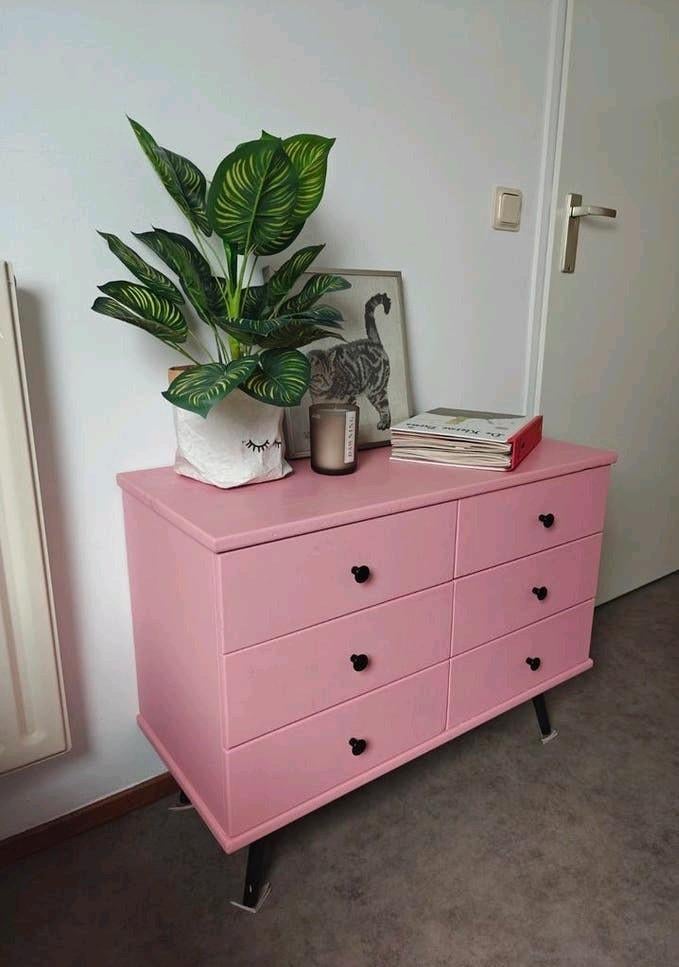 Vintage ladekastje/tv-meubel - Oud Roze Mid-Century Modern, Huis en Inrichting, Kasten | Ladekasten, Ophalen, Vintage mid-century klassiek