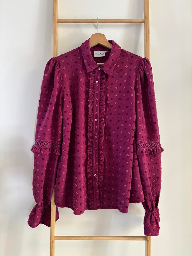 Fuchsia roze blouse met stippen en ruffels Femme9, Ophalen of Verzenden, Zo goed als nieuw, Maat 36 (S), Roze