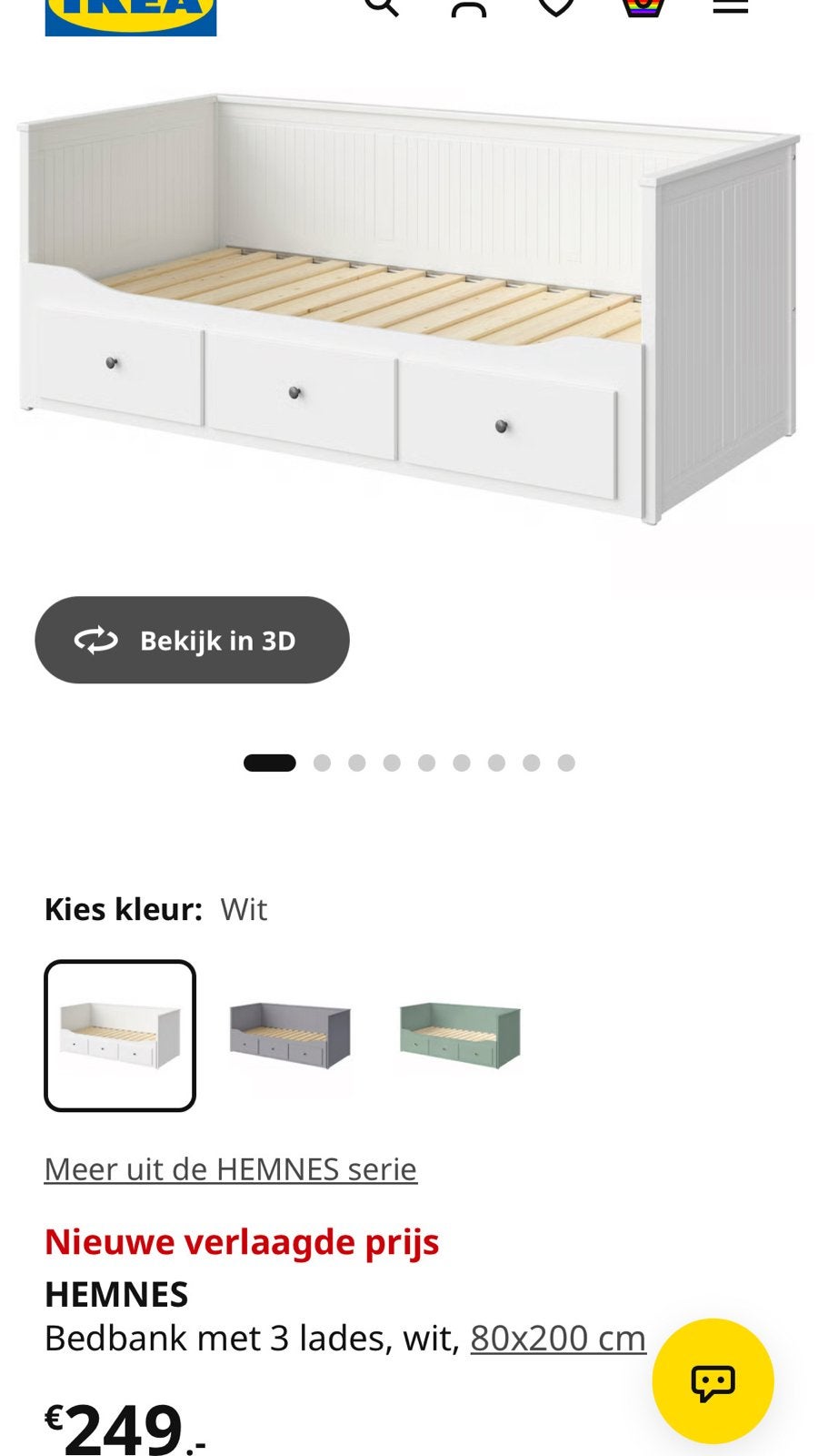 IKEA HEMNES Bedbank wit met 3 lades en matras, Ophalen, Verstelbaar, Eenpersoons, Wit