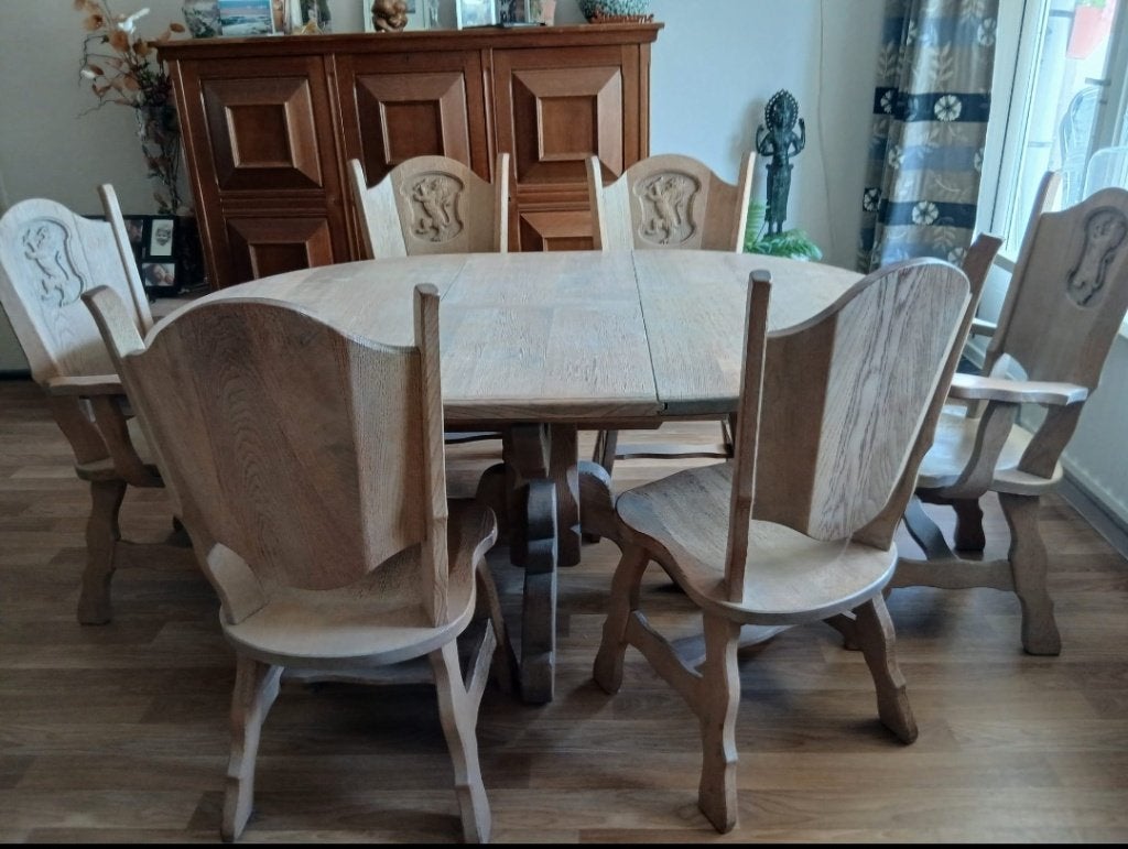 Massief eiken eettafel met 6 stoelen, Ophalen, Zo goed als nieuw, Vijf personen of meer, Chic oude gewhitewashte gildetafel
