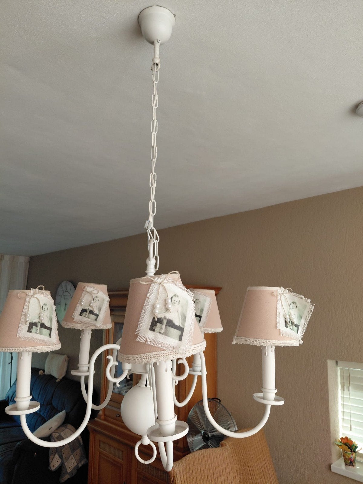 Nostalgische hanglamp met 5 lichtpunten en stoffen kappen, Ophalen, Gebruikt, E14 (klein), Textiel