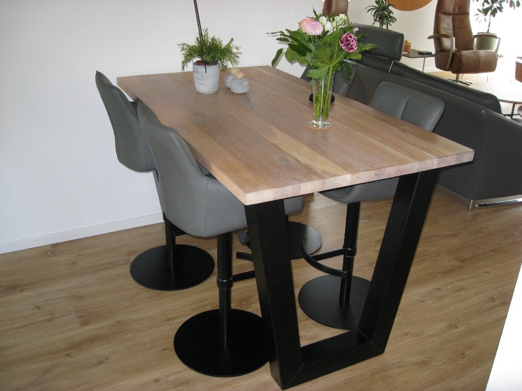 Z.g.a.n. eetkamer(bar)tafel met 4 lederen stoelen, Ophalen, 50 tot 100 cm, Zo goed als nieuw, Vier personen