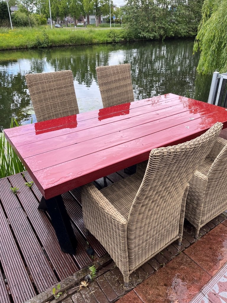 Tuintafel met 4 verstelbare stoelen, Tuin en Terras, Tuintafels, Gebruikt, Rechthoekig, Hout, Ophalen