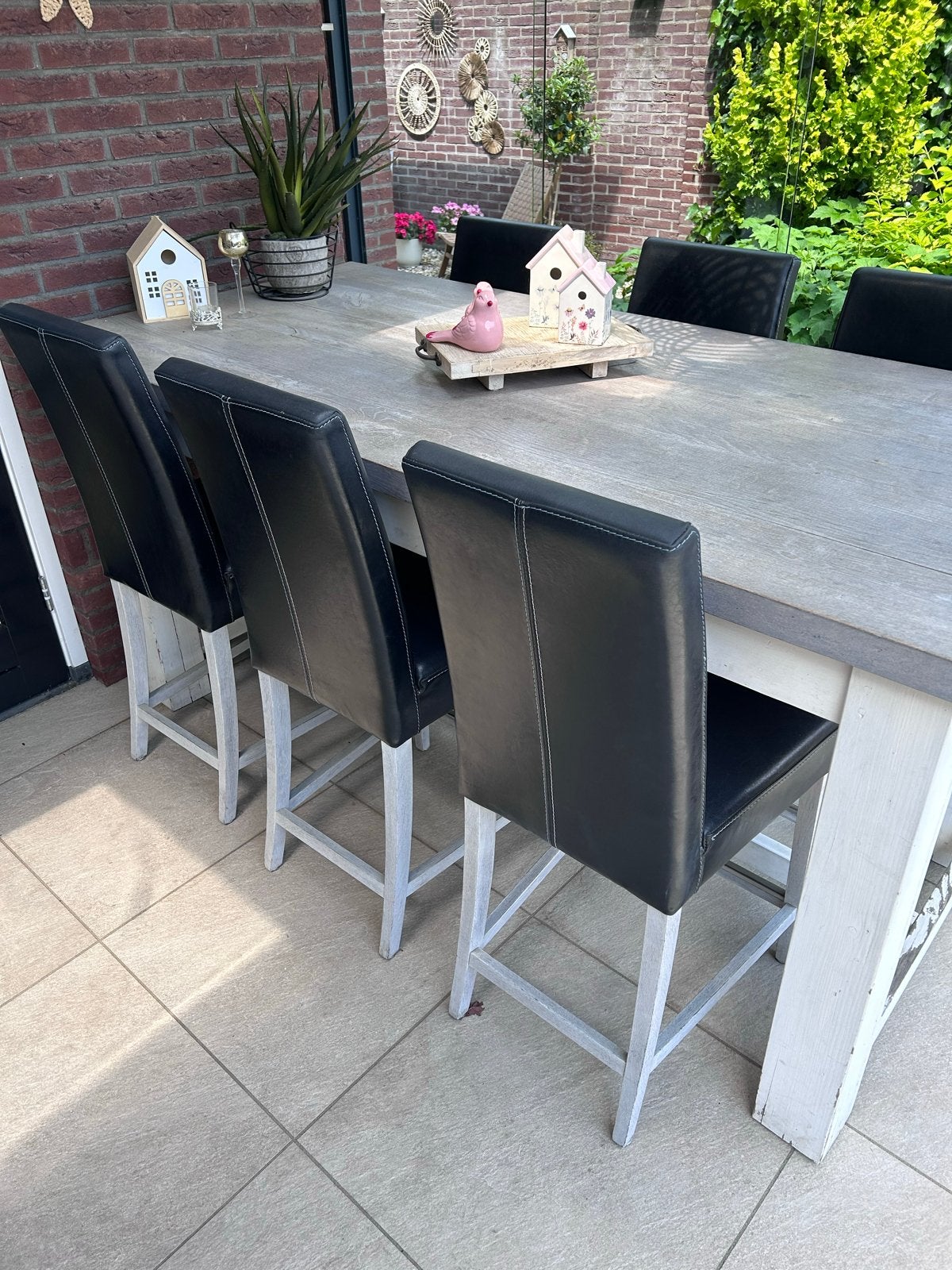 Tuintafel met 6 barstoelen met lederen bekleding, Tuin en Terras, Ophalen, Gebruikt, Rechthoekig, Hout