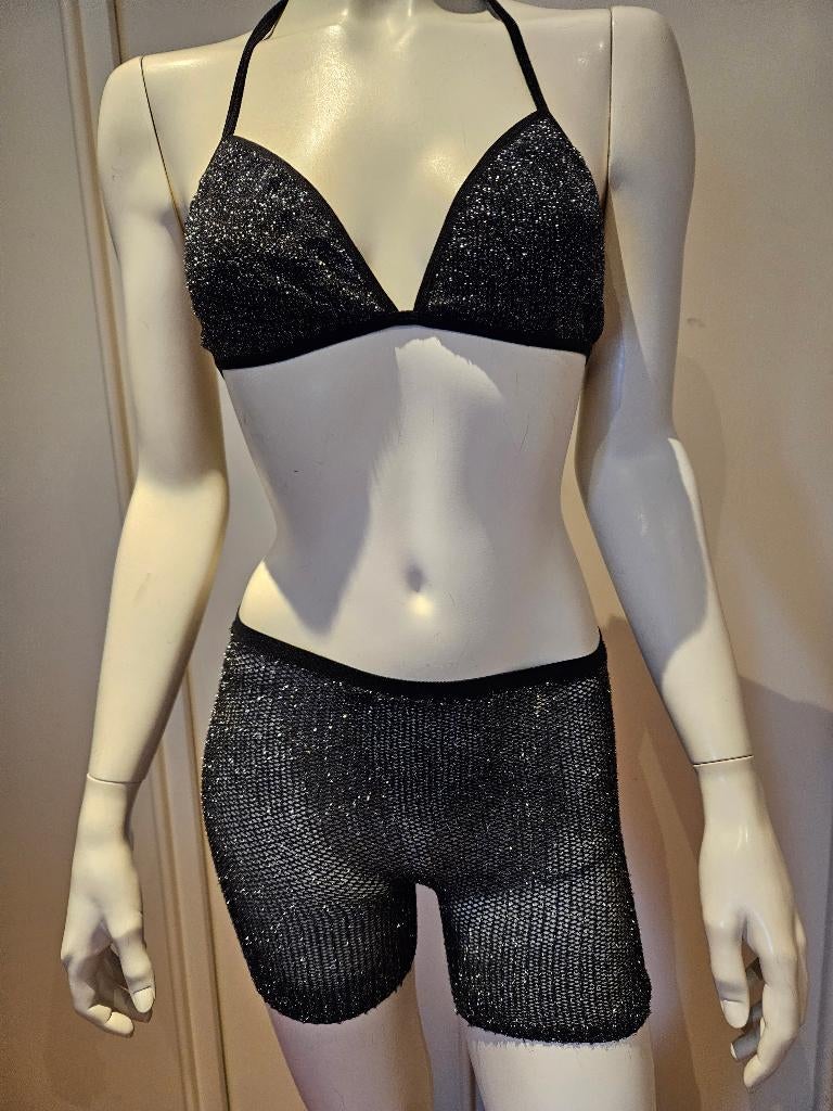 Maat M Sexy glitter zwart setje stretch BH topje + broekje, Hunkemöller, Ophalen of Verzenden, Zwart, Setje