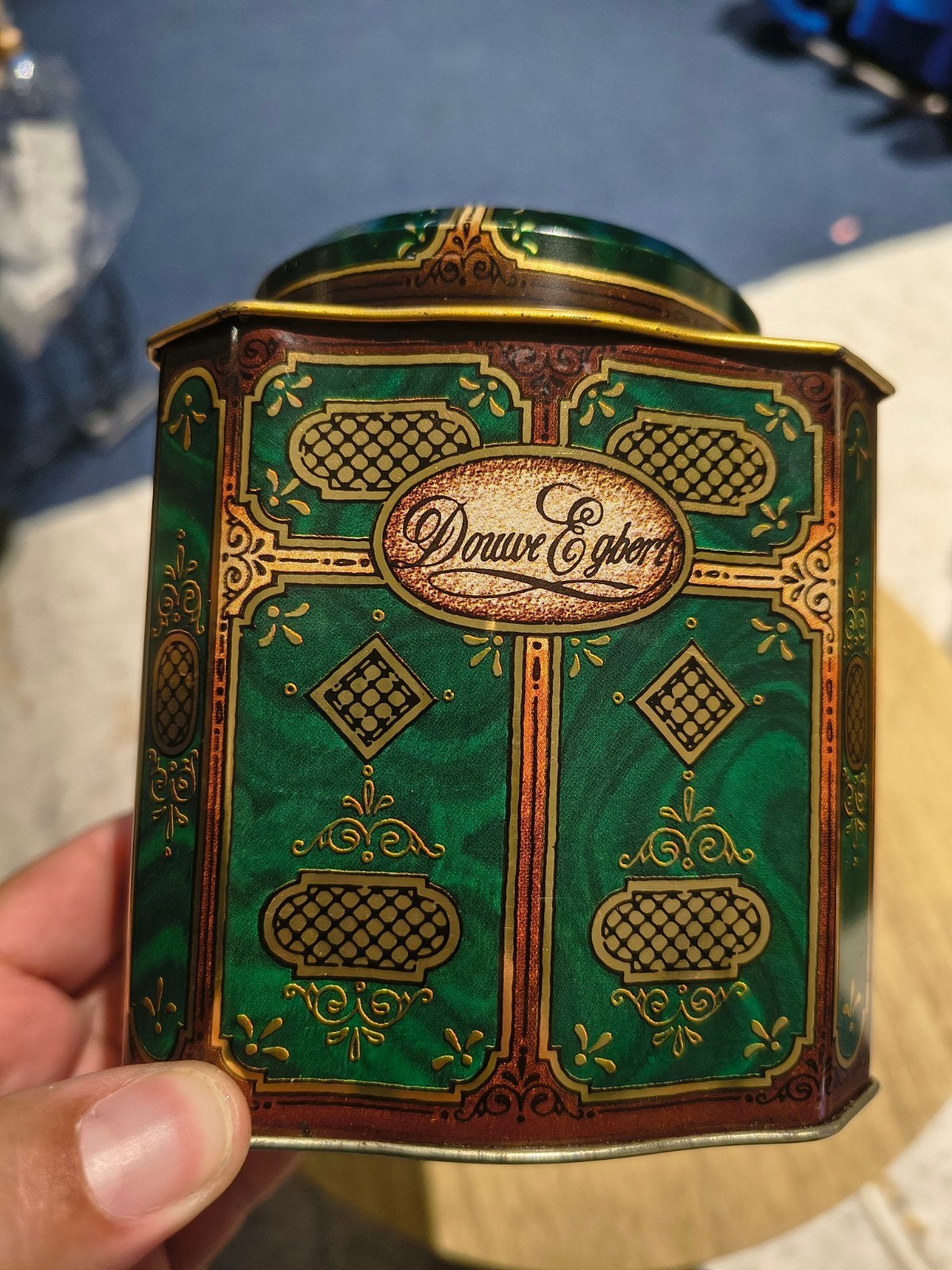 Vintage Douwe Egberts Pickwick Theeblik - Groen/Goud, Ophalen of Verzenden, Gebruikt, Thee, Douwe Egberts