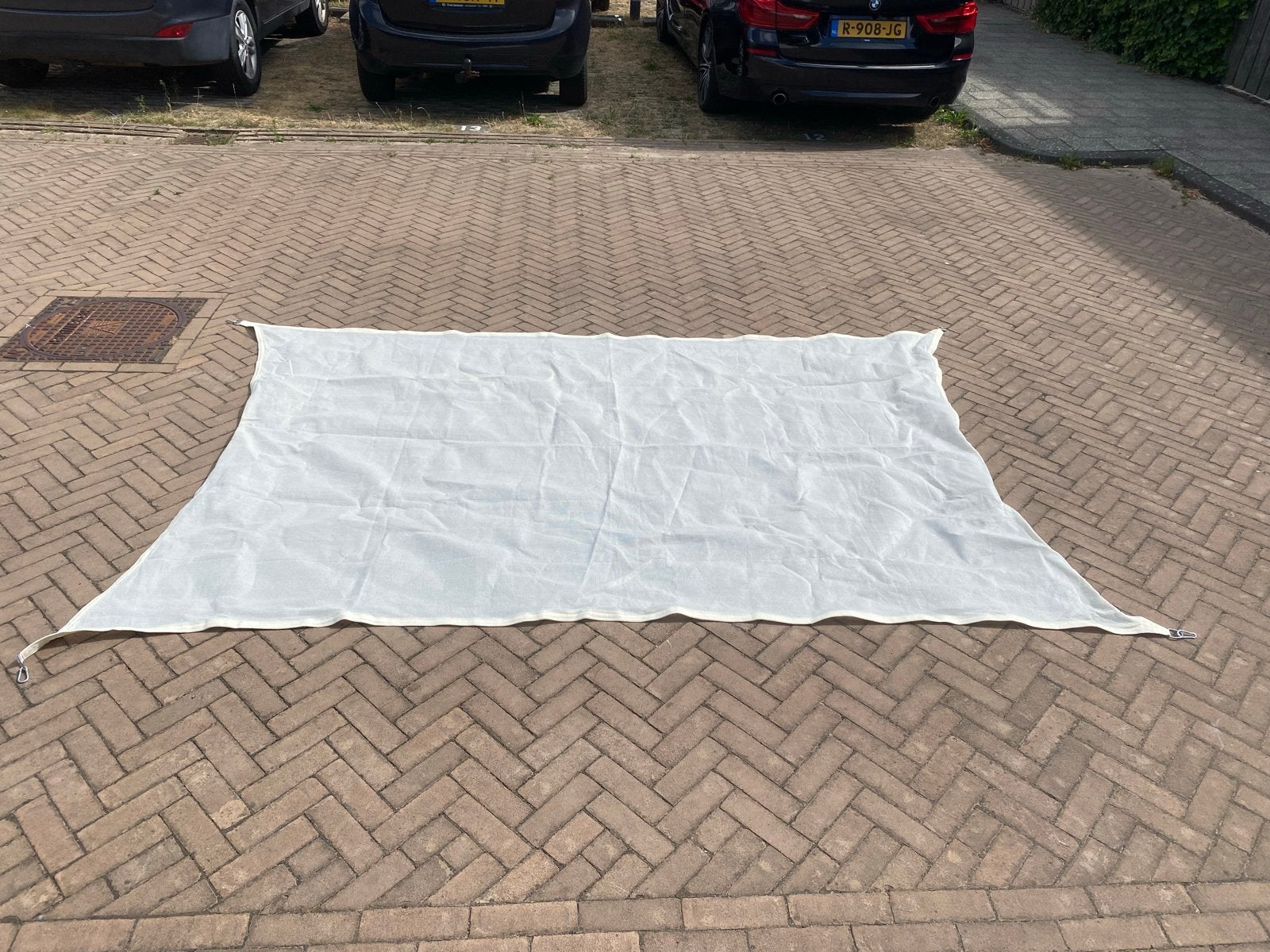 Cremewit Schaduwdoek 200x300 cm met Karabijnhaken, Tuin en Terras, Schaduwdoeken, Ophalen of Verzenden, Zo goed als nieuw