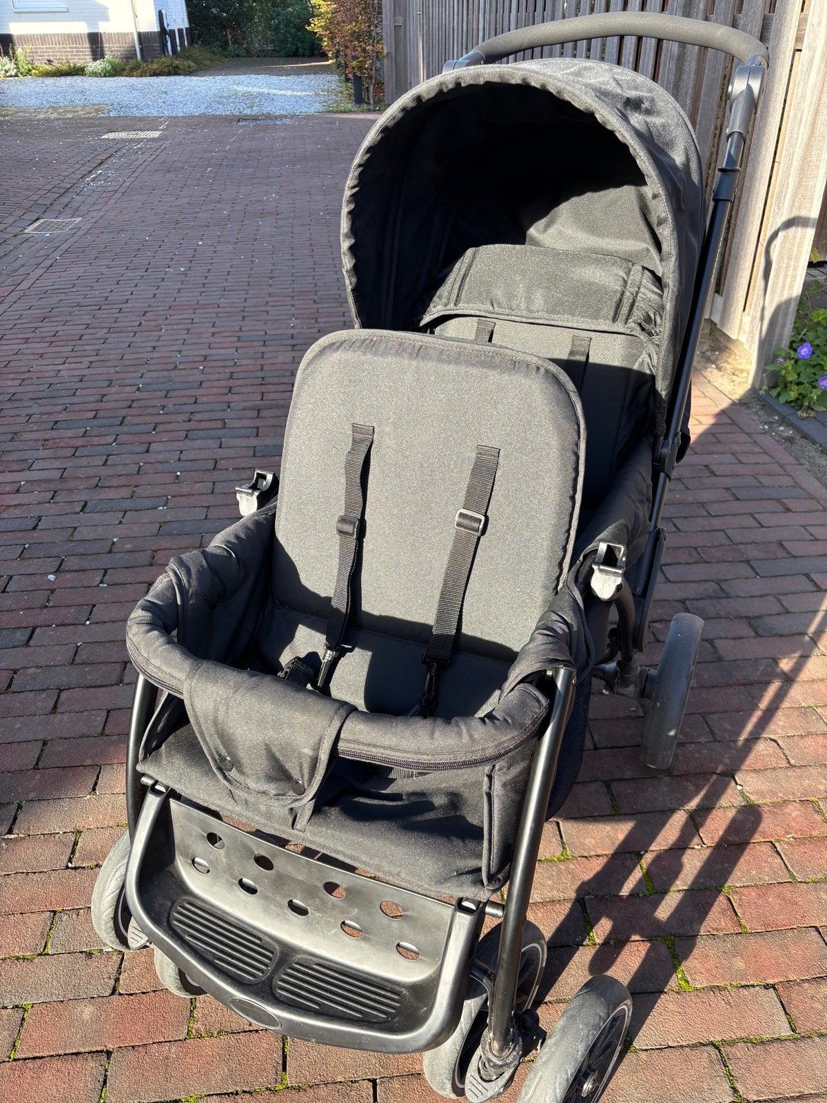 Deryan Elena Duo Buggy zwart met regen- en transporthoes, Ophalen of Verzenden, Gebruikt, Overige merken, Duomodel
