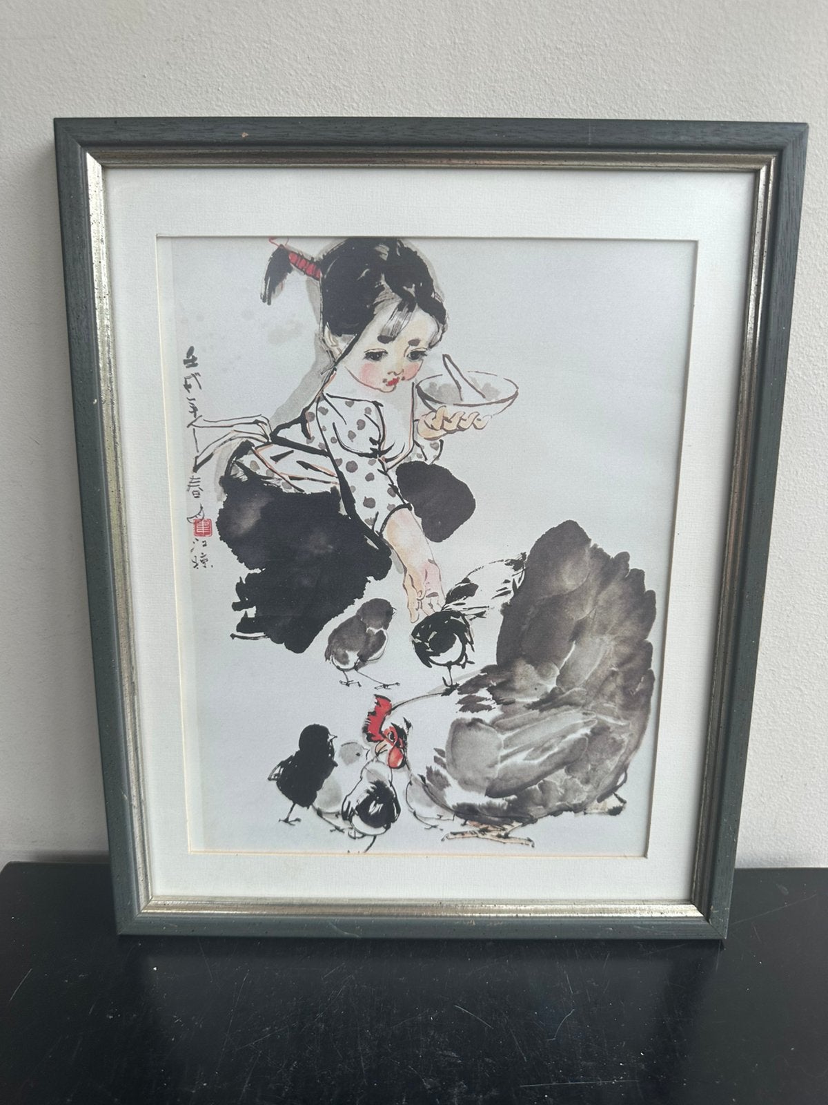 Vintage Chinese prent schilderij Meisje met kippen, Ophalen of Verzenden
