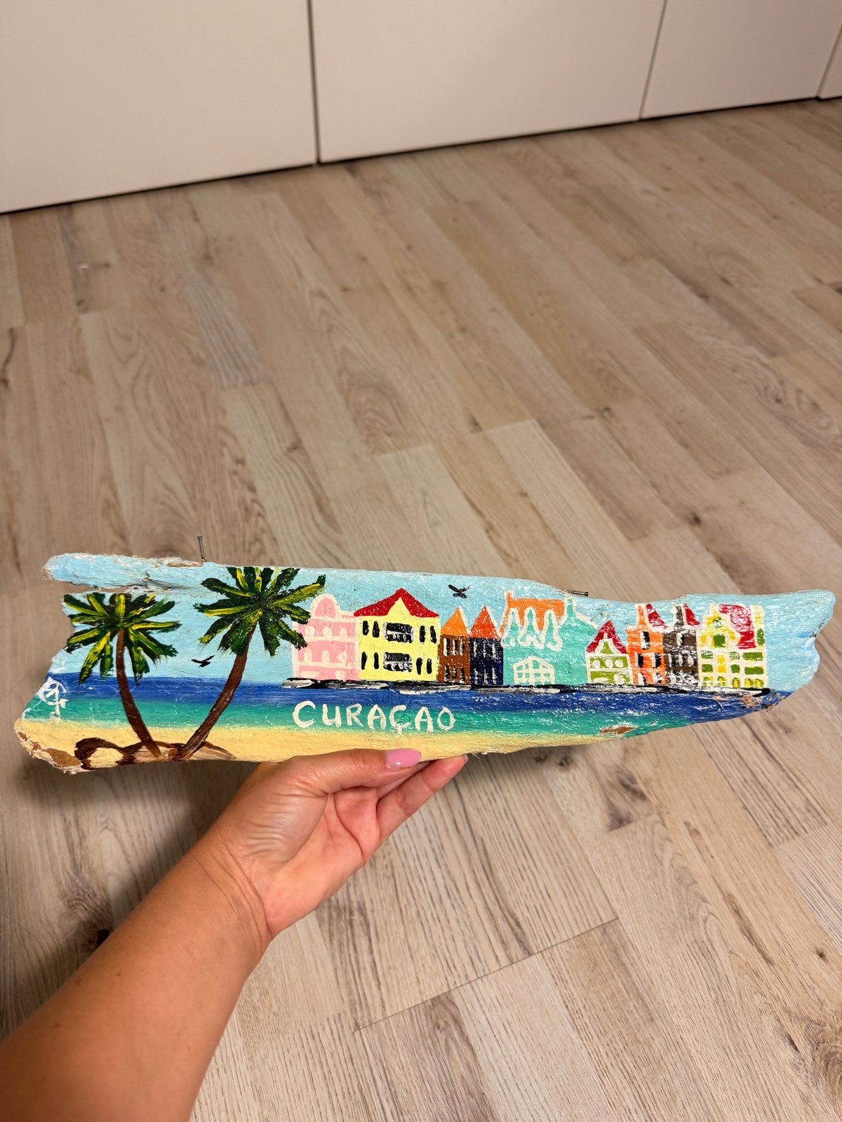 Handgeschilderd Curacao kunstwerk op drijfhout, Acrylverf, Realistisch, Overige ondergronden, Ophalen of Verzenden
