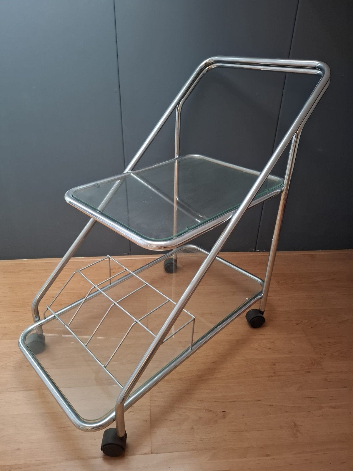 Vintage serveerwagen chroom en glas, Ophalen, Vintage, Gebruikt, Metaal