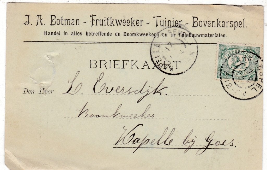 Bovenkarspel-Briefkaart J.A. Botman 1904, Ophalen of Verzenden, Voor 1920, Gelopen, Noord-Holland