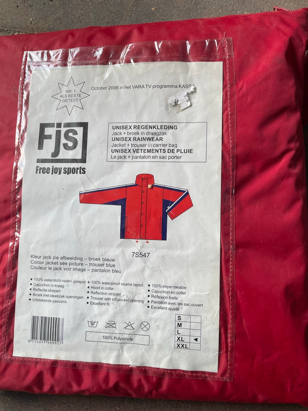 FJS Unisex Regenpak - Blauwe Broek, Rode Jas - Maat XL, Caravans en Kamperen, Regenkleding, Ophalen of Verzenden, Nieuw, Regenbroek
