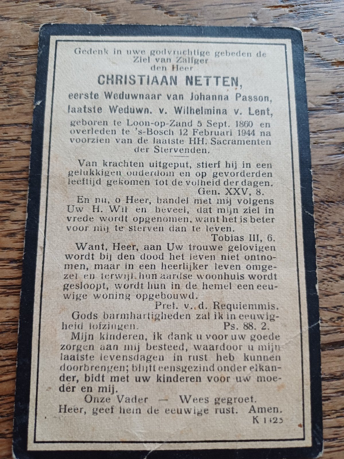 Bidprentje CHRISTIAAN NETTEN,Loon op zand 1860 ov  1944, Verzamelen, Bidprentjes en Rouwkaarten, Ophalen of Verzenden