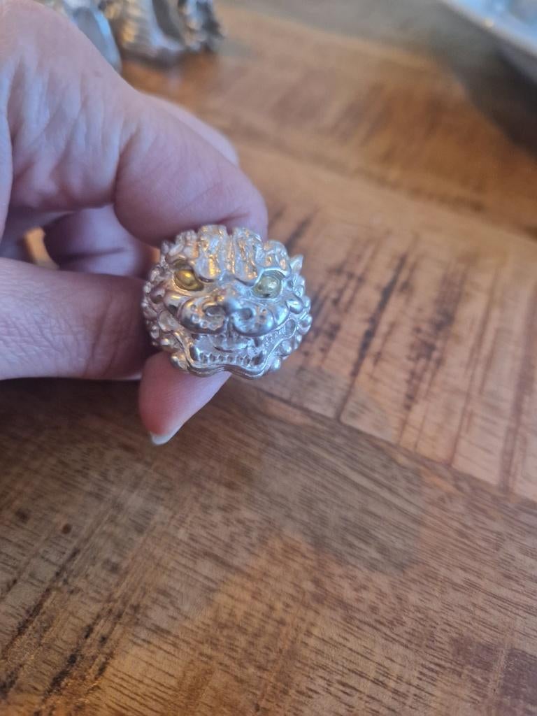 925 zilveren ring. Draak met gouden ogen. Maat 20., Ophalen of Verzenden, Zilver, Ring