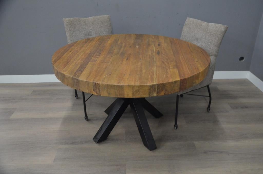 Ronde eettafel teak blad 130 en140 cm 9 cm dik!, Huis en Inrichting, Verzenden, Rond, Nieuw, Metaal
