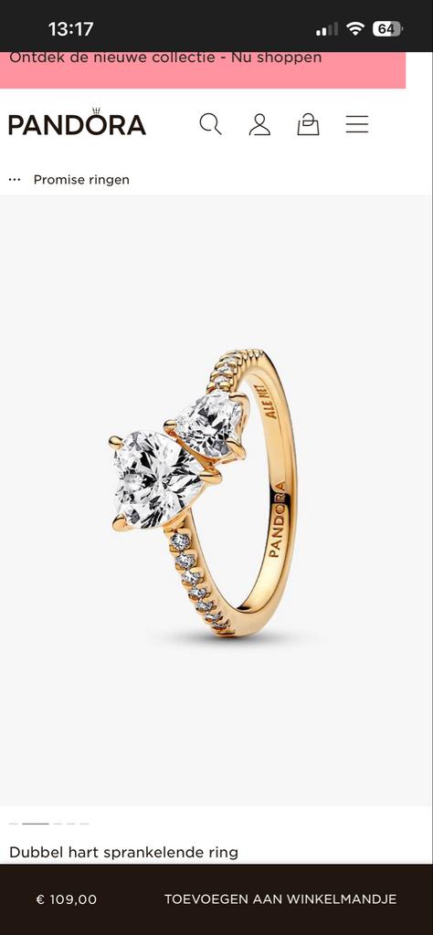 Pandora Dubbel hart sprankelende ring, Met kristal, Overige materialen, Ophalen of Verzenden, Dame
