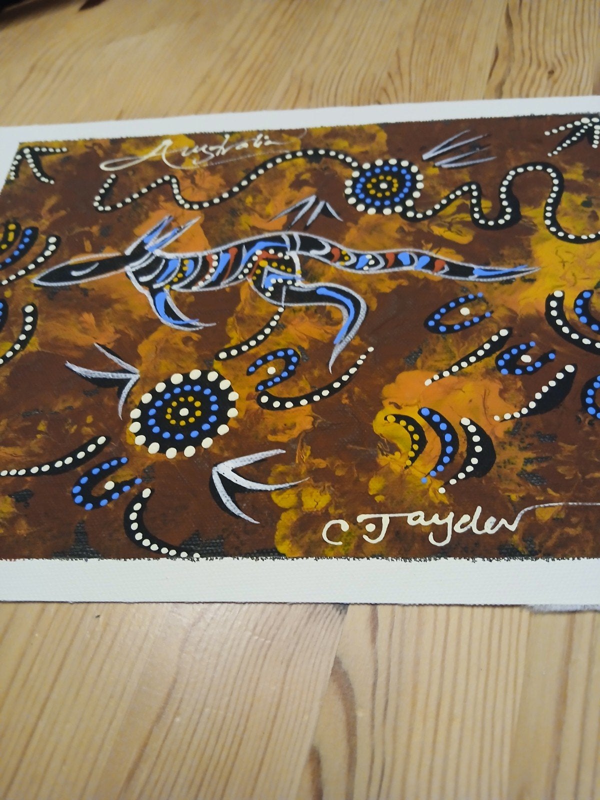 Handgeschilderd Australisch Aboriginal kunstwerk - Hagedis, Antiek en Kunst, Geschilderd, Ophalen of Verzenden, Meerkleurig, Overige herkomsten