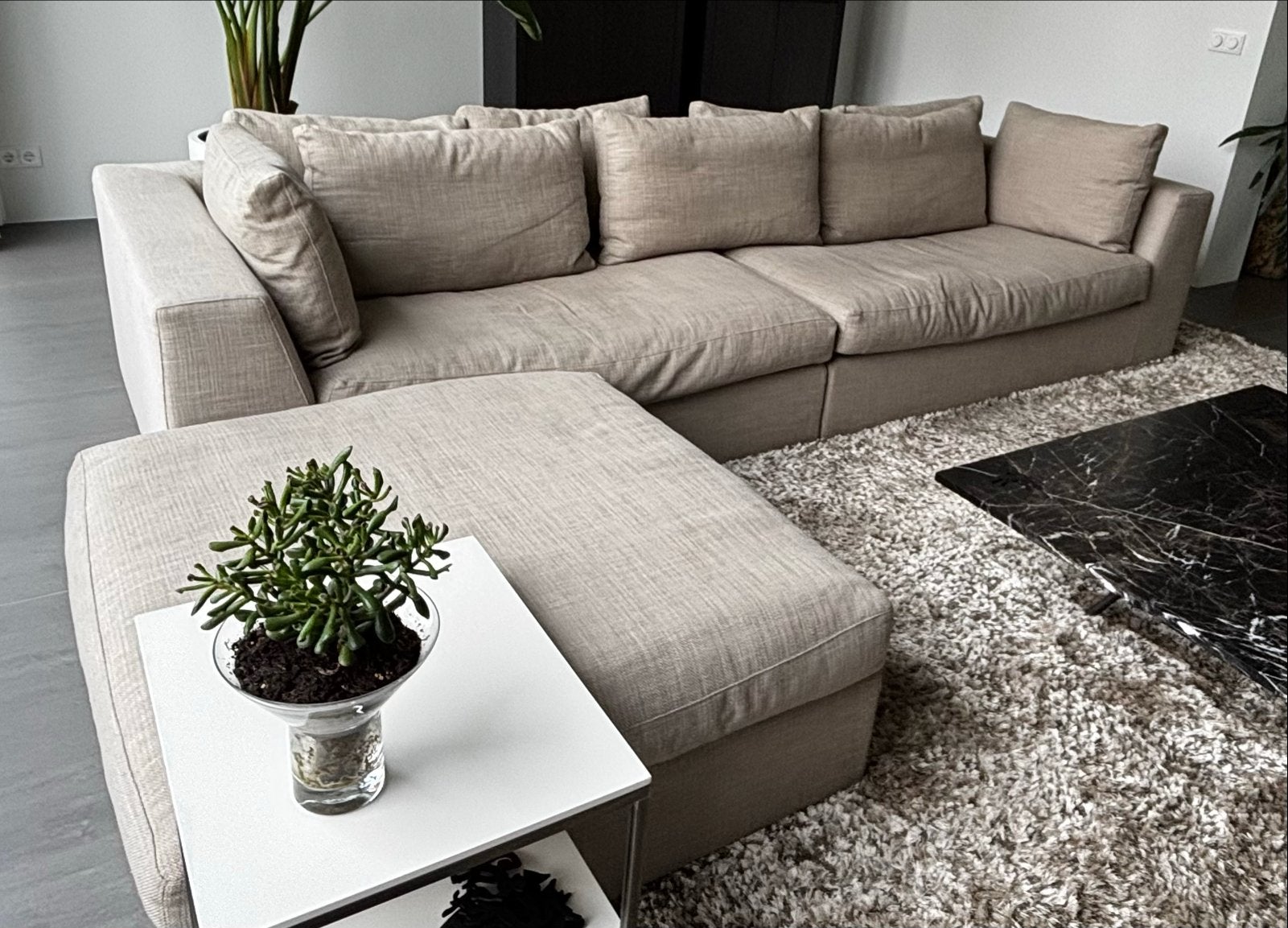 Meridiani bank Lewis met poef - zandkleur, Ophalen, Gebruikt, Modern en warm, 300 cm of meer