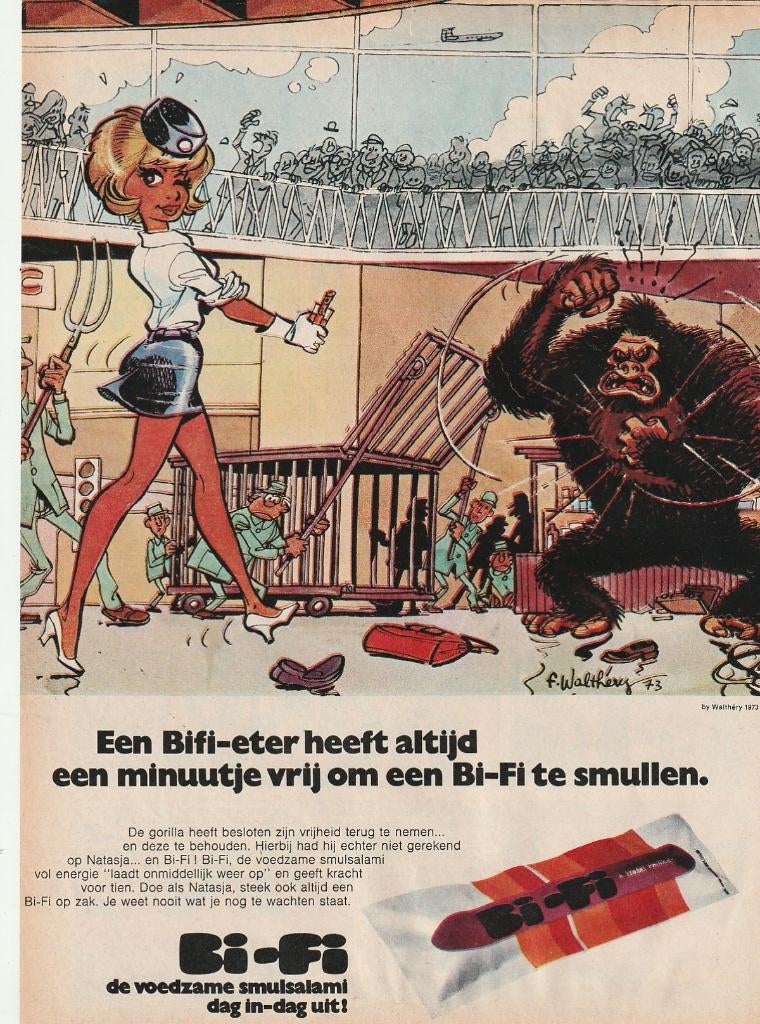 Retro reclame 1973 Bi-Fi worstjes stripfiguur gorilla, Verzenden, Overige typen