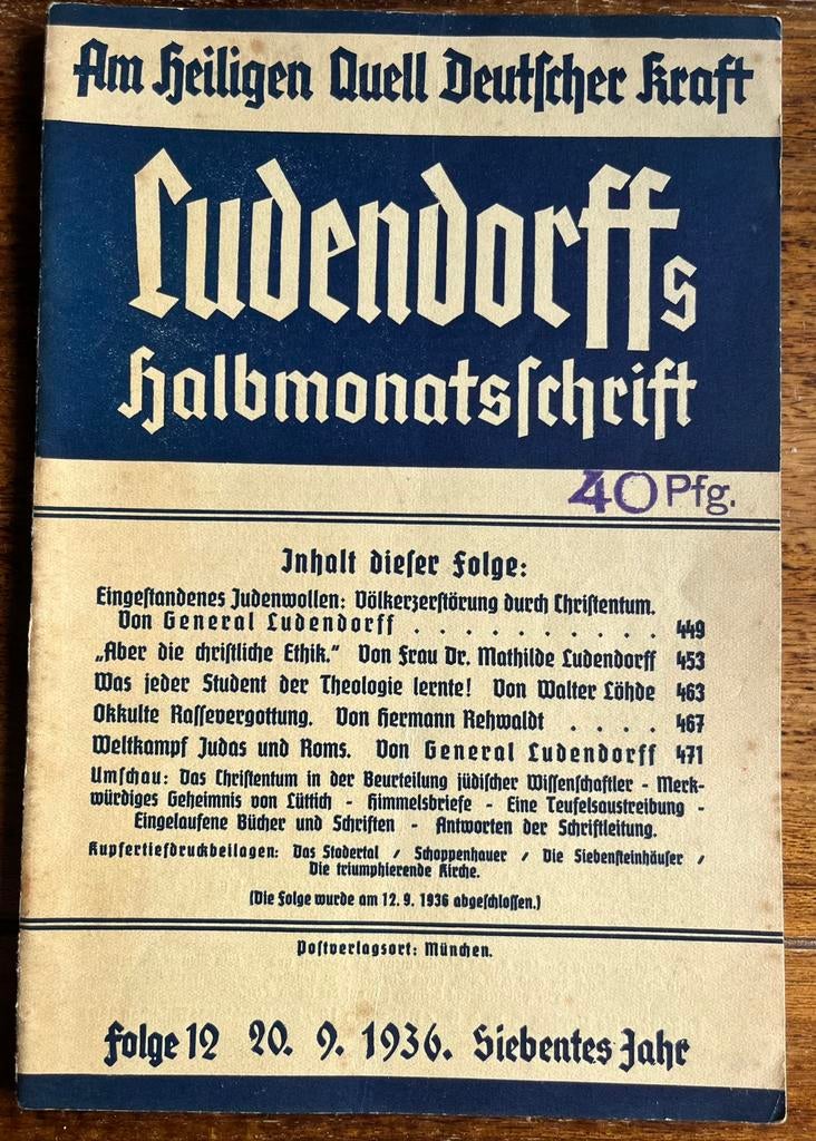 WO2 DUITS Tijdschrift Ludendorffs Halbmonatschrift 1936, Verzenden, Landmacht, Duitsland, Boek of Tijdschrift