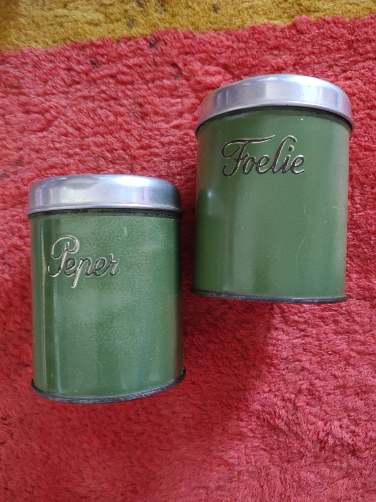 Vintage voorraadblikken 'Peper' en 'Foelie' - set van 2, Antiek en Kunst, Ophalen of Verzenden