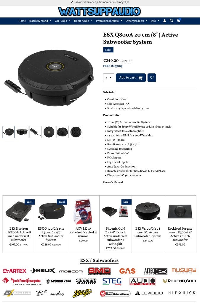 ESX Q800A 20 cm (8”) Reservewiel subwoofer, Am Breilingsweg 3, 76709 Kronau, Duitsland, Audio Design, Nieuw, Ophalen of Verzenden