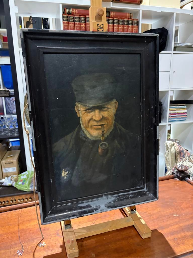 Oud schilderij: Visserman met pijp / Kok met brood, Ophalen of Verzenden