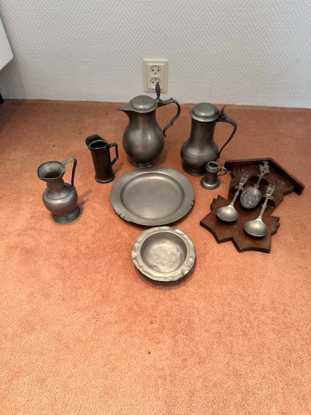 Antiek tinnen servies en decoratie set, Ophalen of Verzenden