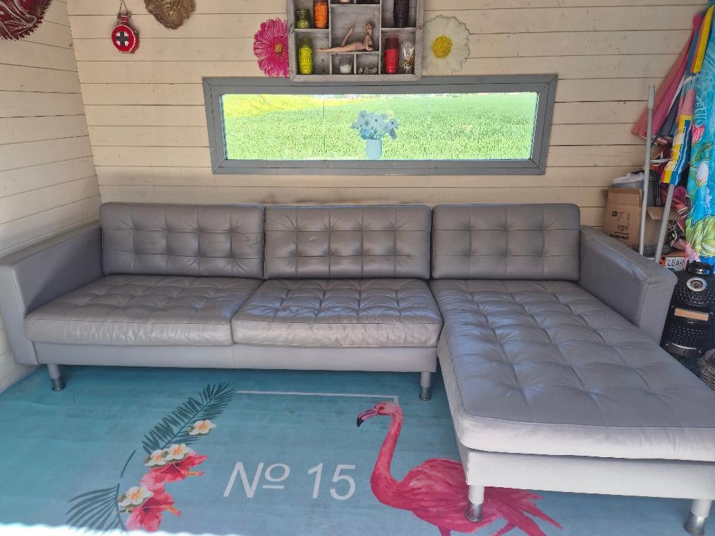 Ikea Landskrona 4-zitsbank 280 cm.grijs leer, Ophalen, Gebruikt, Leer, Modern