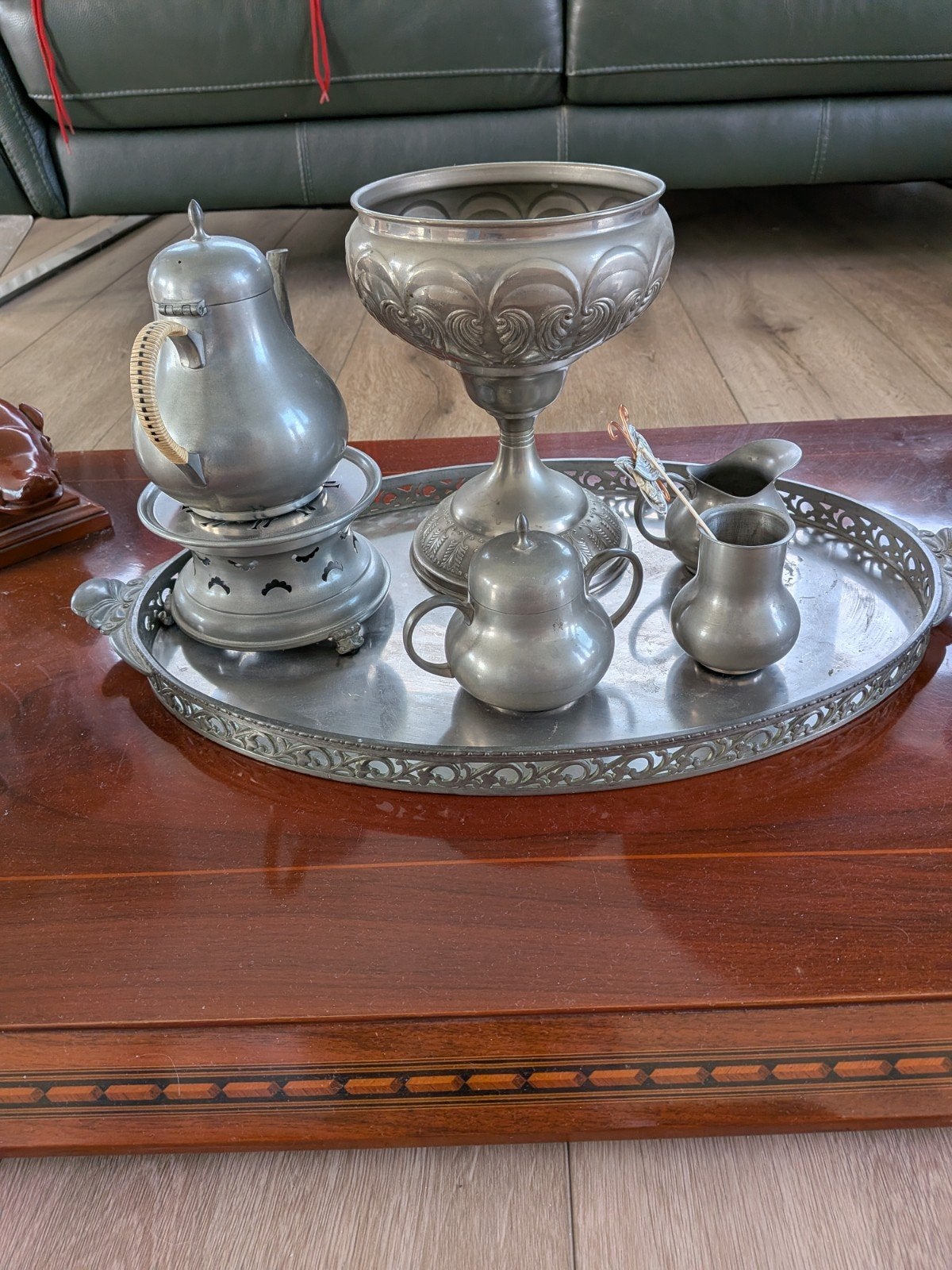 Antiek tinnen theeservies met dienblad, Antiek en Kunst, Ophalen of Verzenden