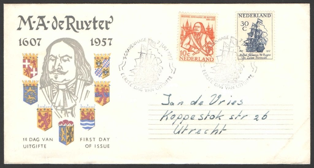 Nederland FDC E30 Met Adres, Michiel de Ruyter 1957, Ophalen of Verzenden, Beschreven, Nederland