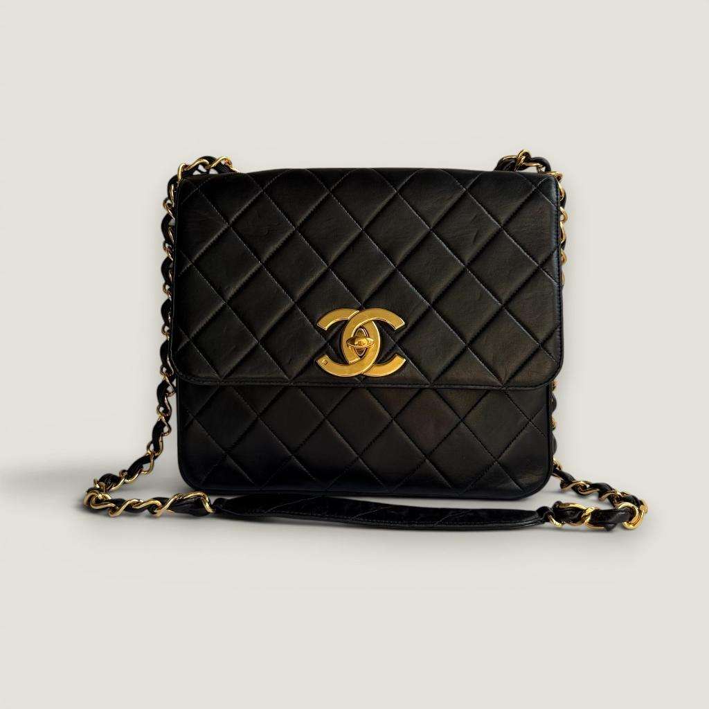 Chanel vintage flap bag groot CC logo zwart schoudertas, Overige merken, Gebruikt, Zwart, Ophalen of Verzenden
