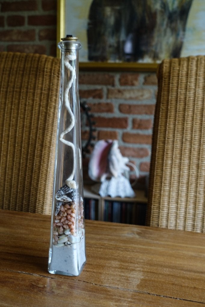 glazen fles sfeer brander - kandelaar - met schelpen, Ophalen of Verzenden, Zo goed als nieuw, Glas, Mediterraans