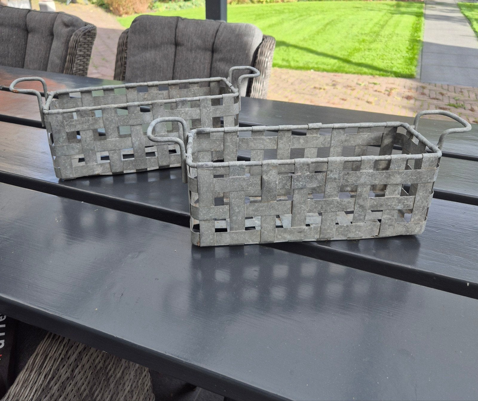 Set van 2 metalen plantenbakken - 42x12x13 cm, Gebruikt, Minder dan 30 cm, Minder dan 60 cm, Ophalen of Verzenden
