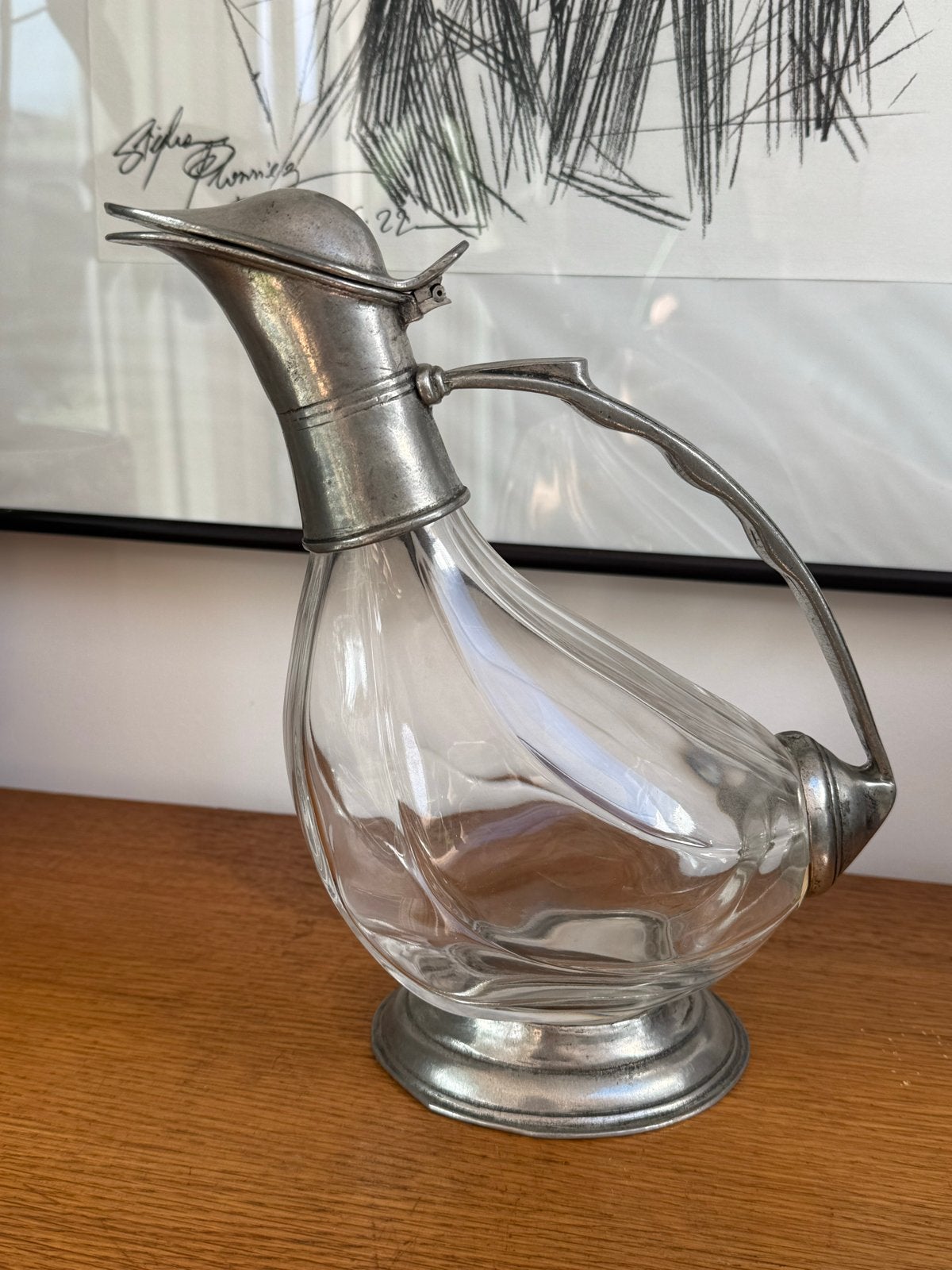 Vintage Italiaanse Wijnkaraf Eend - Loodkristal & Tin, Antiek en Kunst, Ophalen of Verzenden