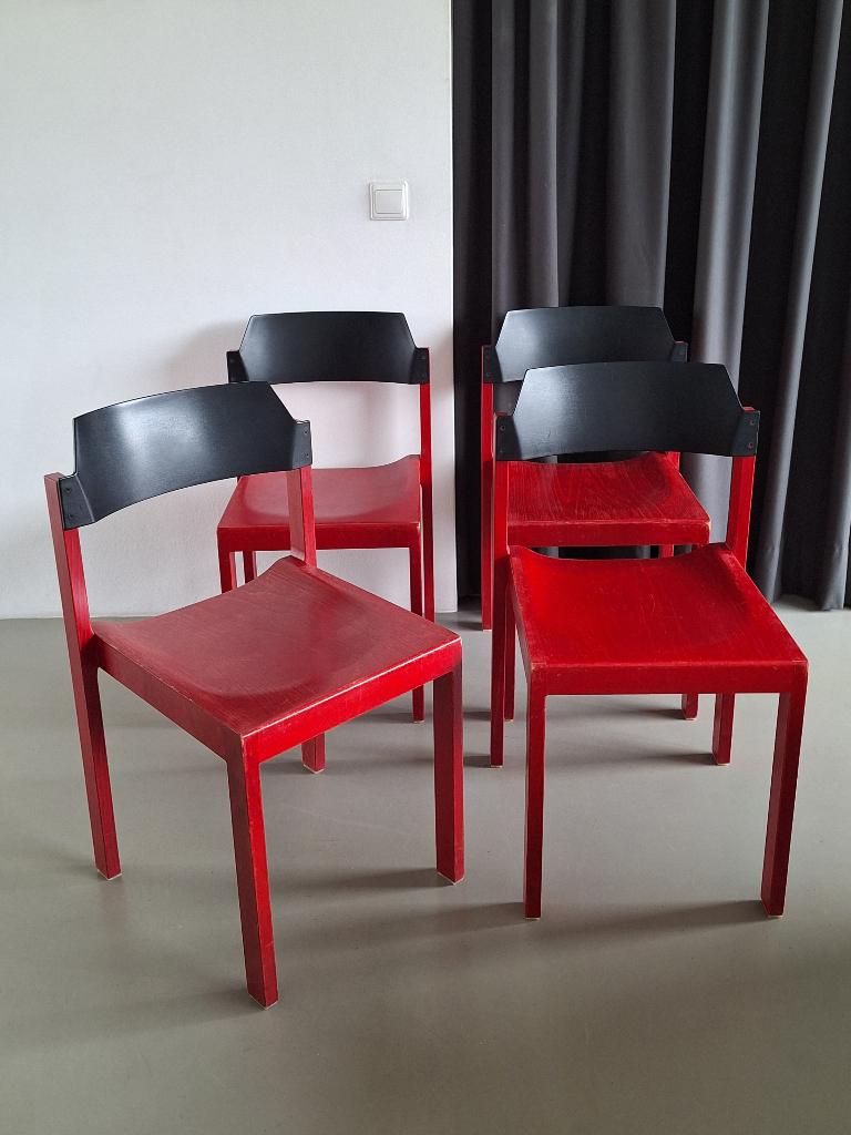 vintage retro set van 4 Rainer Schell stoelen Nr. 201 rood, Ophalen, Vier, Gebruikt, Vintage design