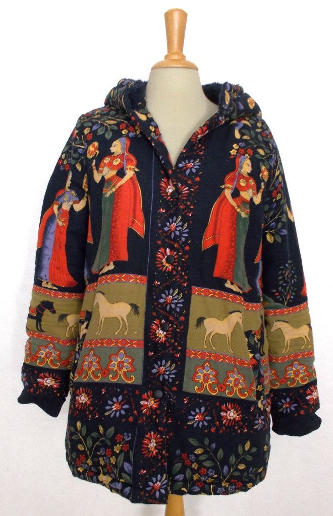 Folklore/babooshka aparte print jas met capuchon! M, Verzenden, Zo goed als nieuw, Maat 38/40 (M), Blauw