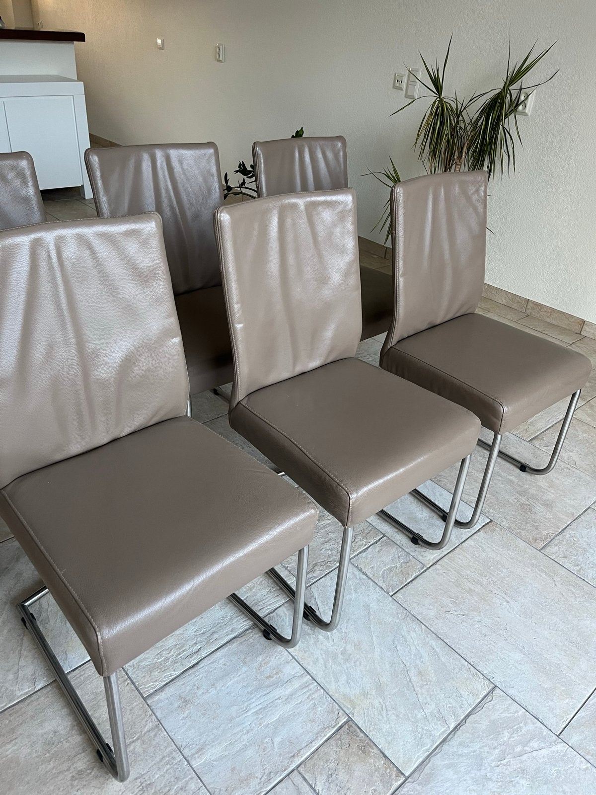 6 echt leren stoelen - geborsteld RVS -Taupe direct beschikb, Ophalen, Overige kleuren, Leer, Zo goed als nieuw