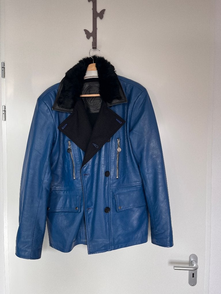 mooie unieke leren jas, Maat 52/54 (L), Blauw, Zerba, Ophalen of Verzenden