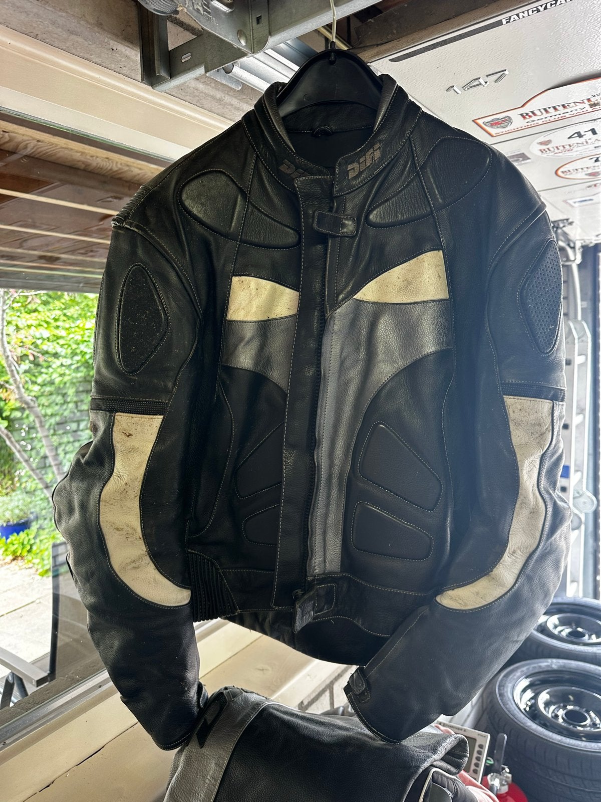 Difi leren motorjas en broek - Zwart/Grijs combipak, Ophalen of Verzenden, Tweedehands, Heren, Combipak